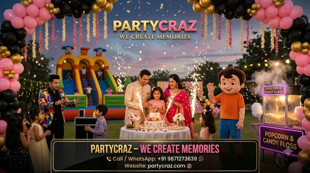 PartyCraz birthday cake cutting night party across India – bouncy castle, magician, mascot and popcorn cart