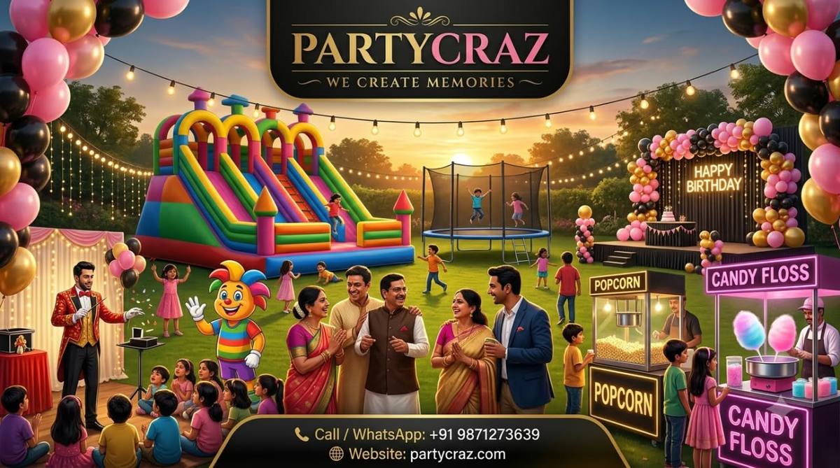 PartyCraz garden birthday party across India – bouncy castle, trampoline, magician, mascot, popcorn and candy floss
