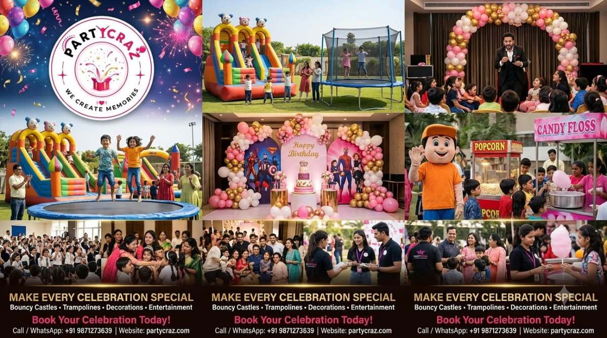 PartyCraz birthday party services in Chennai – bouncy castle, trampoline, decoration across India