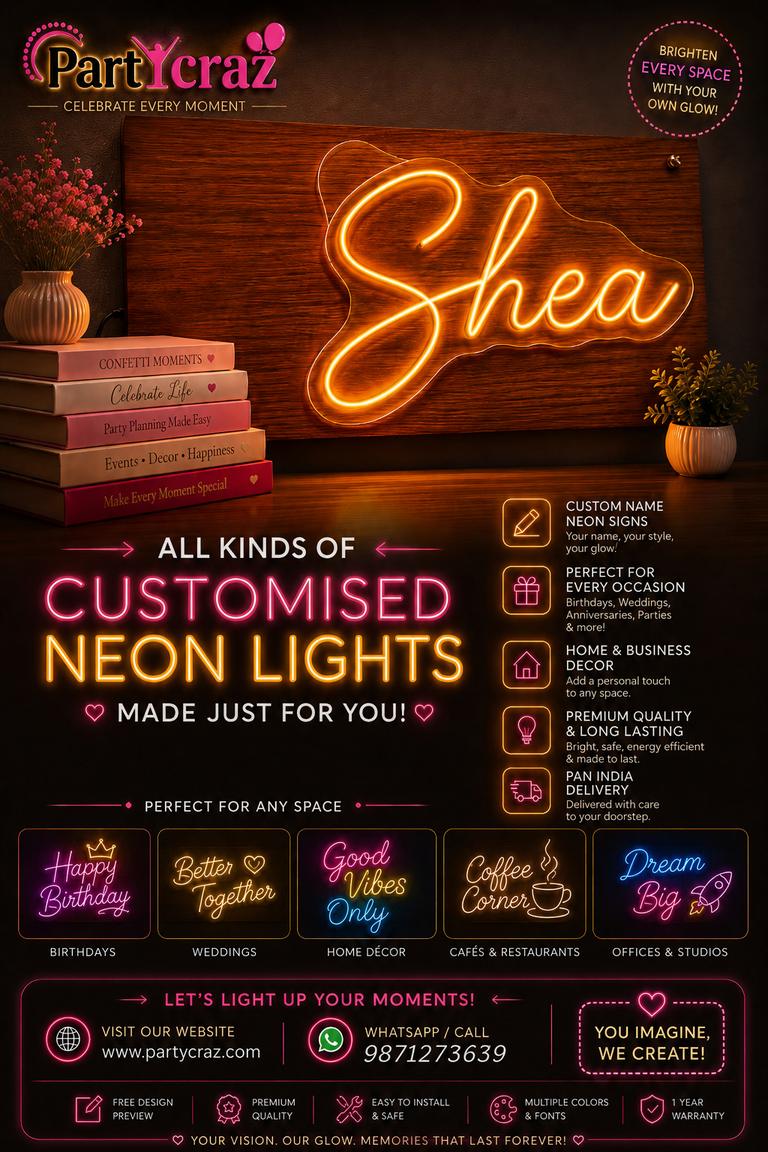 Customised LED neon name sign Shea by PartyCraz for birthdays, weddings, home décor, cafés and offices, pan India delivery
