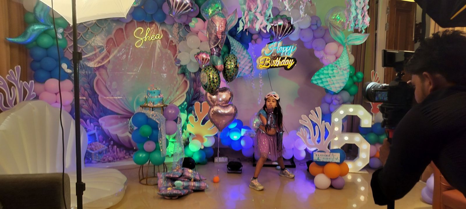 Mermaid theme birthday decoration by PartyCraz with customised backdrop, balloon décor, LED number 6 and lighting, Delhi NCR