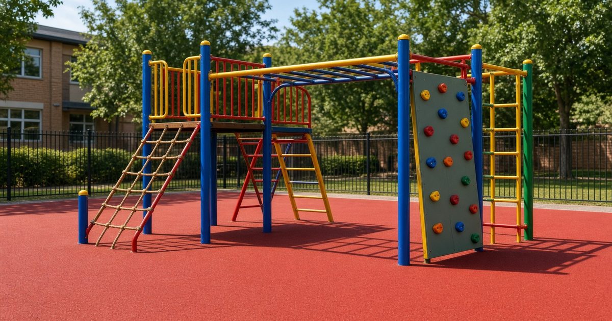 Outdoor climbing frame and jungle gym with ladders, nets and bars over rubber safety matting, no people - illustrative image