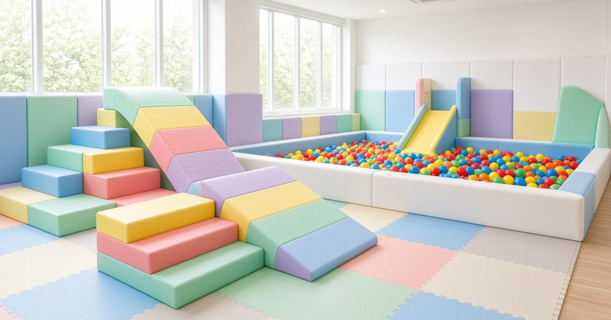 Indoor soft play room with colourful foam blocks, ramps and a ball pool on padded flooring, no people - illustrative image