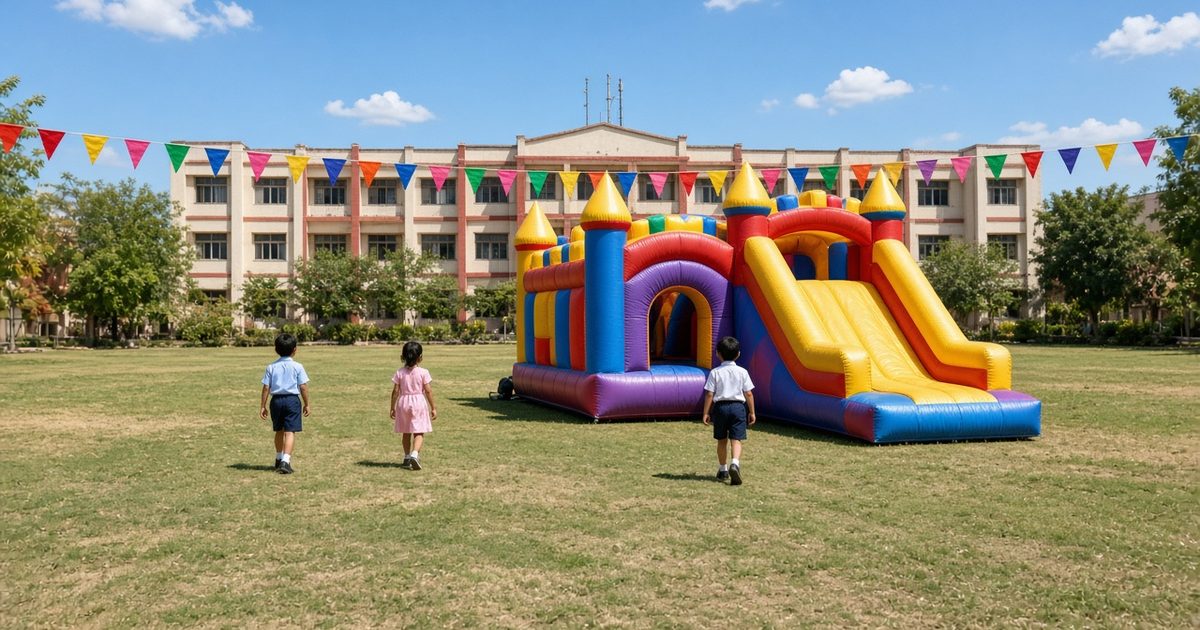 Colourful inflatable bouncy castle set up on a school ground for a fun day, children seen from a distance - illustrative image