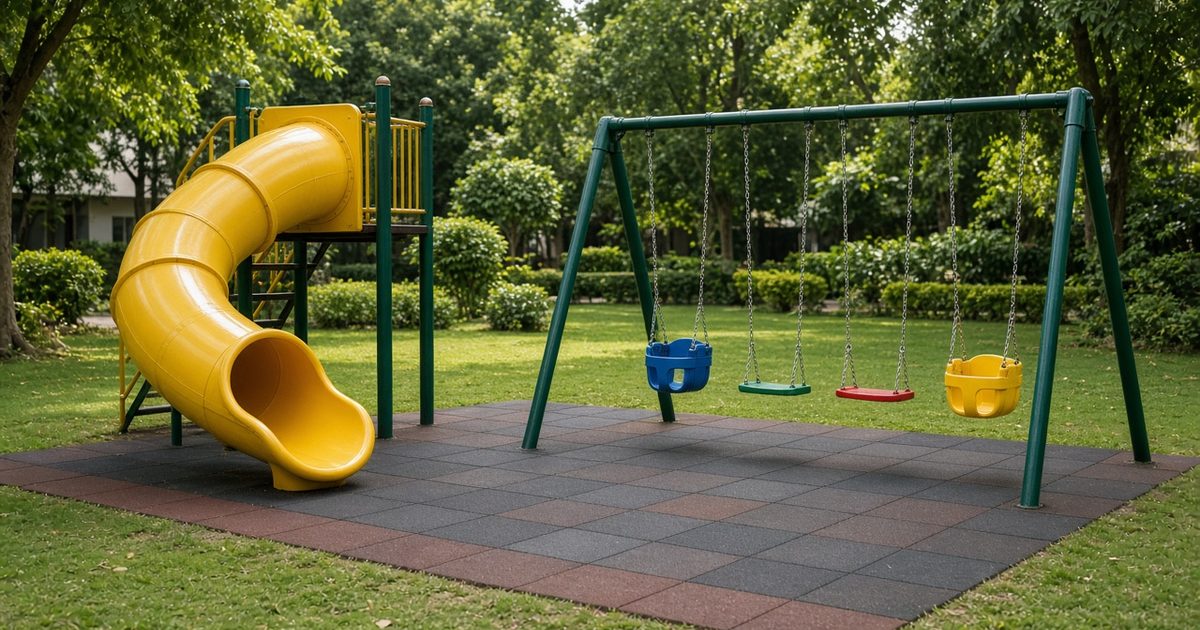 Colourful children's slide and a row of swings in a green school play area on a sunny day, no people - illustrative image