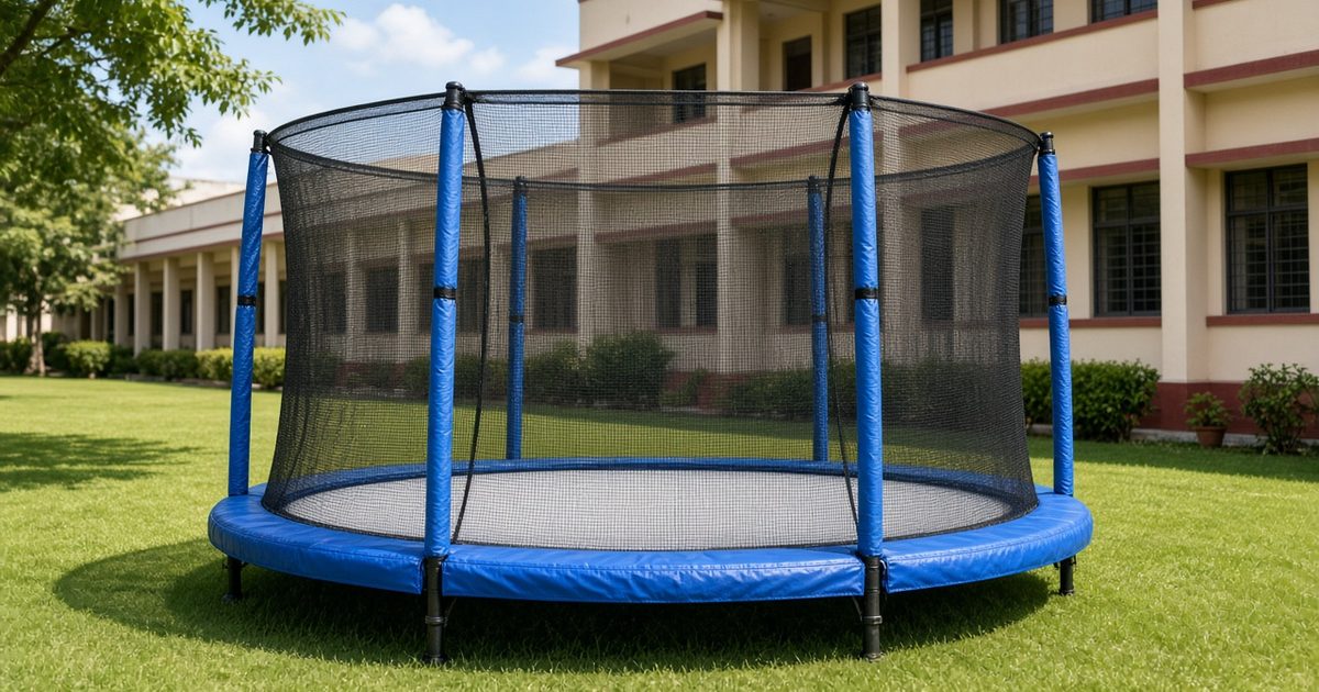Round kids trampoline with a full safety net and padded frame on a green lawn beside a school, no people - illustrative image