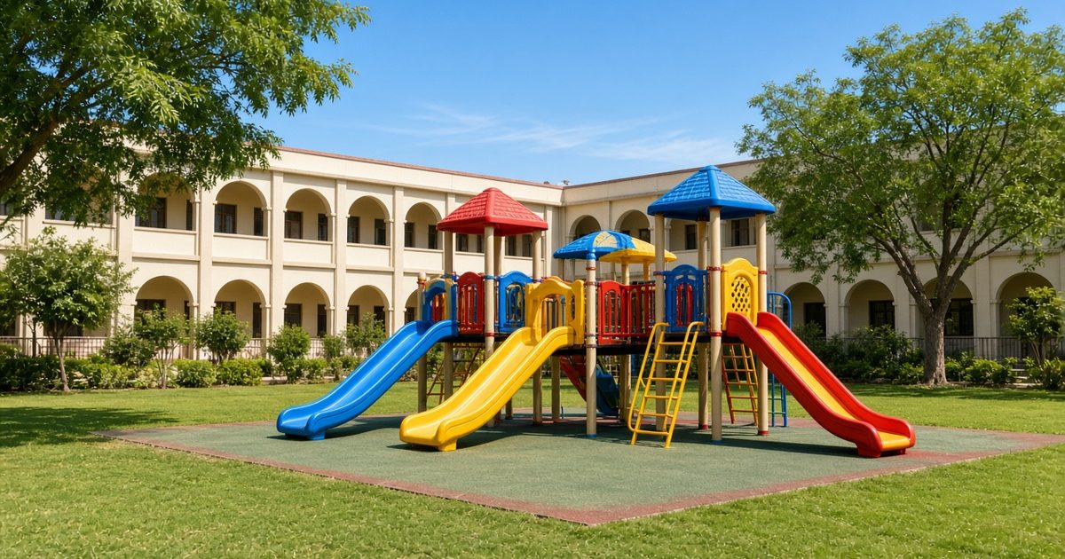 Sunny Indian school playground with a colourful slide and climbing unit on green grass, school building in the background, no people - illustrative image