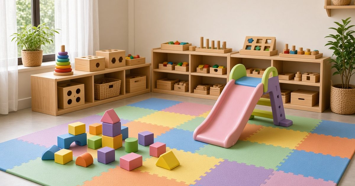 Bright preschool play corner with soft foam blocks, a low slide and wooden Montessori-style activity pieces on a mat, no people - illustrative image