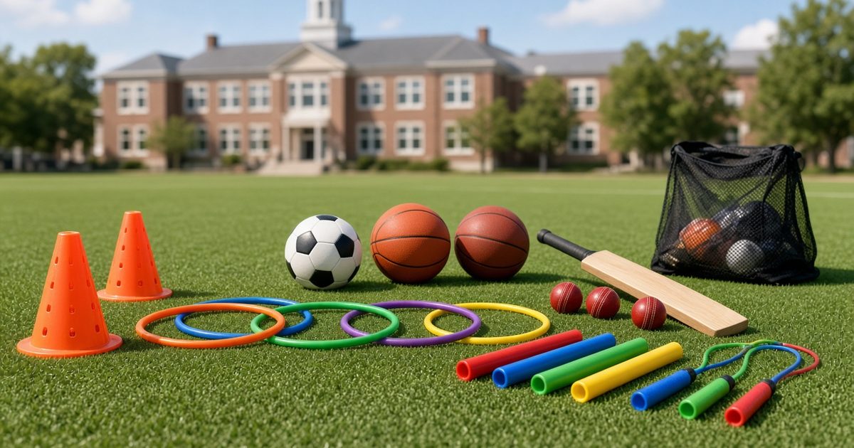 School sports equipment laid out on a playing field: training cones, agility hoops, multi-sport balls and relay batons, no people - illustrative image
