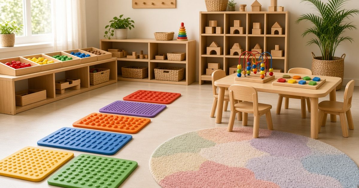 Classroom sensory and learning corner with a textured floor path, sorting trays, building blocks and an activity table, no people - illustrative image